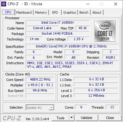 screenshot of CPU-Z validation for Dump [ktyyza] - Submitted by  RICARDO  - 2026-07-27 15:19:10