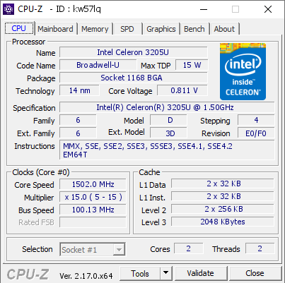 screenshot of CPU-Z validation for Dump [kw57lq] - Submitted by  DESKTOP-IS76QEL  - 2026-05-15 19:09:19