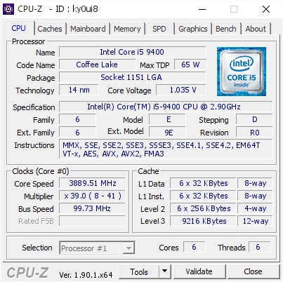 Intel Core i5 9400 @ 3889.51 MHz - CPU-Z VALIDATOR