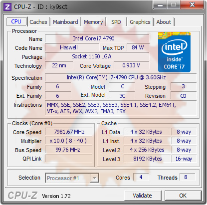 Intel Core i7 4790 @ 7981.67 MHz - CPU-Z VALIDATOR