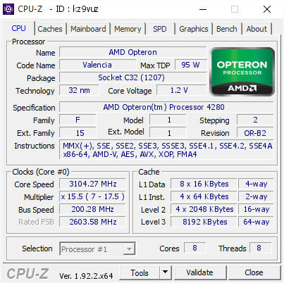 screenshot of CPU-Z validation for Dump [kz9vuz] - Submitted by  PabloCZ  - 2020-07-06 02:33:11