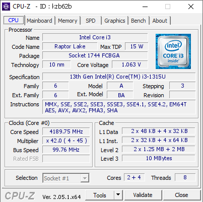 screenshot of CPU-Z validation for Dump [kzb62b] - Submitted by  LAURA  - 2023-05-14 00:10:38