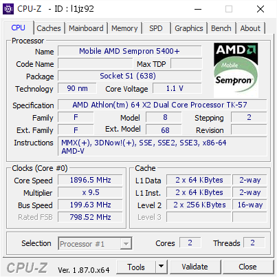 screenshot of CPU-Z validation for Dump [l1jz92] - Submitted by  Anonymous  - 2018-12-23 13:02:48