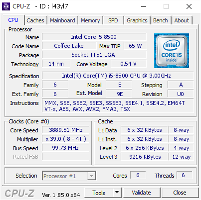 Intel Core i5 8500 @ 3889.51 MHz - CPU-Z VALIDATOR