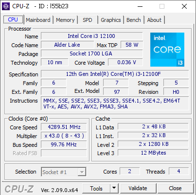 screenshot of CPU-Z validation for Dump [l55b23] - Submitted by  IntelCeleron  - 2024-04-23 11:09:22
