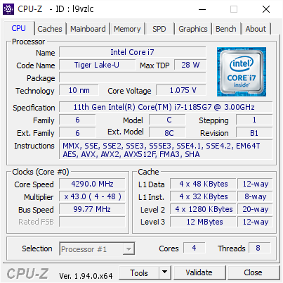Intel Core i7 @ 4290 MHz - CPU-Z VALIDATOR