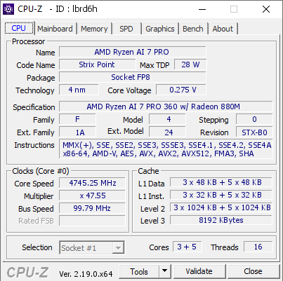 screenshot of CPU-Z validation for Dump [lbrd6h] - Submitted by  NOMURA-M  - 2026-04-19 21:45:35
