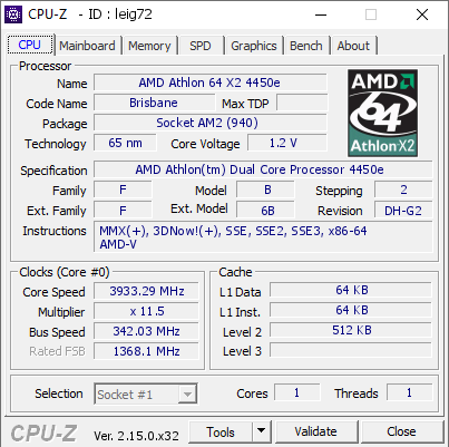 screenshot of CPU-Z validation for Dump [leig72] - Submitted by  Boblemagnifique x2 4450e Chiller  - 2026-02-08 03:16:49