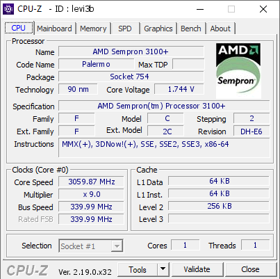 screenshot of CPU-Z validation for Dump [levi3b] - Submitted by  sebro  - 2026-08-06 11:44:50