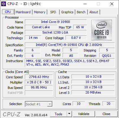 Intel Core i9 10900 @ 2798.63 MHz - CPU-Z VALIDATOR