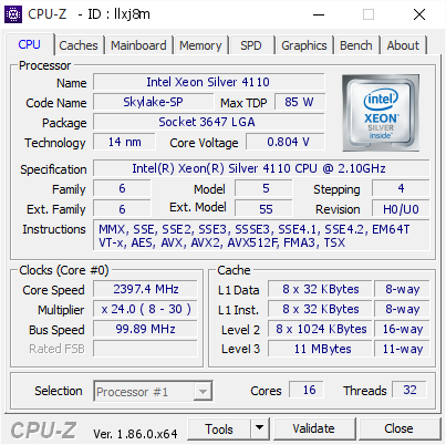 Intel Xeon Silver 4110 2397 4 Mhz Cpu Z Validator