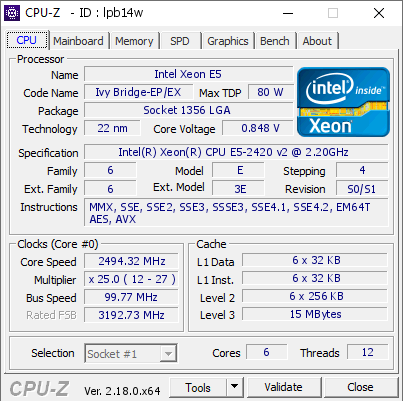screenshot of CPU-Z validation for Dump [lpb14w] - Submitted by  Anonymous  - 2026-07-10 20:12:33