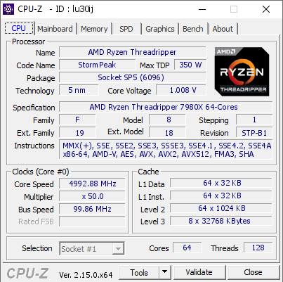 screenshot of CPU-Z validation for Dump [lu30ij] - Submitted by  7980X  - 2025-07-12 10:58:33