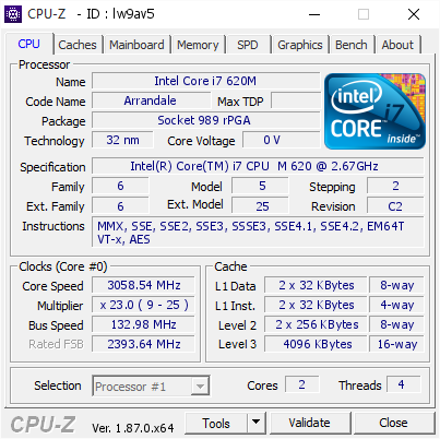 Intel Core I7 620m 3058 54 Mhz Cpu Z Validator