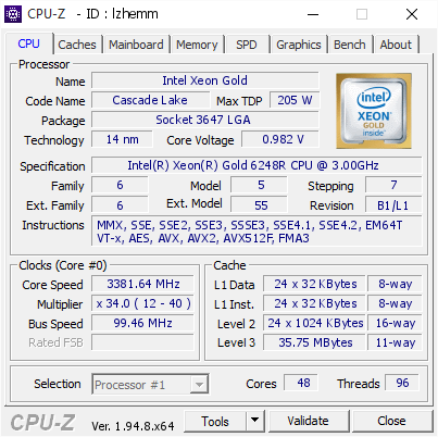 screenshot of CPU-Z validation for Dump [lzhemm] - Submitted by  Anonymous  - 2020-11-28 18:23:59