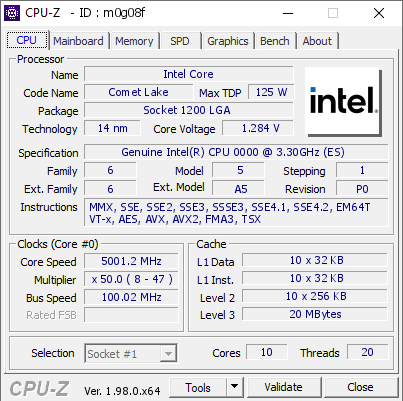 Intel Core @ 5001.2 MHz - CPU-Z VALIDATOR