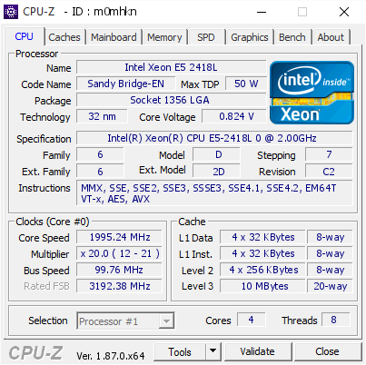 screenshot of CPU-Z validation for Dump [m0mhkn] - Submitted by  Anonymous  - 2019-01-30 06:50:03