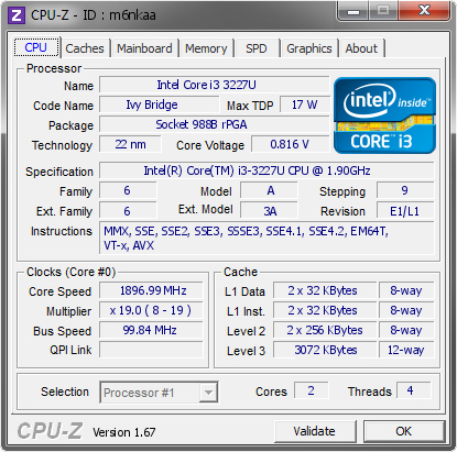 Intel Core I3 3227u 1896 99 Mhz Cpu Z Validator