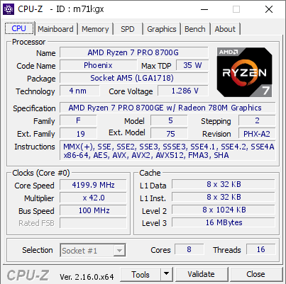 screenshot of CPU-Z validation for Dump [m71kgx] - Submitted by  Anonymous  - 2025-07-16 18:10:40