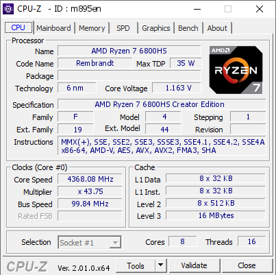 screenshot of CPU-Z validation for Dump [m895en] - Submitted by  LAPTOP-LQGDSU83  - 2022-10-01 09:25:01