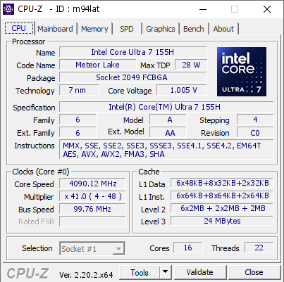 screenshot of CPU-Z validation for Dump [m94lat] - Submitted by  MSI  - 2026-08-01 05:56:43