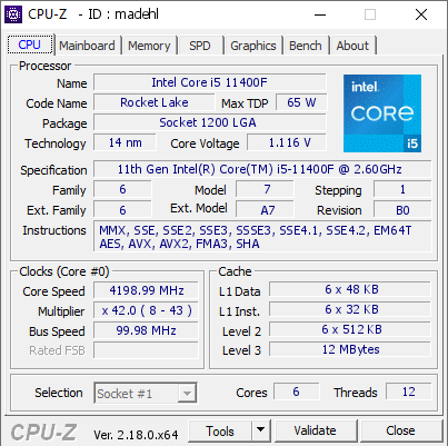screenshot of CPU-Z validation for Dump [madehl] - Submitted by  NOOB  - 2026-06-19 07:14:37