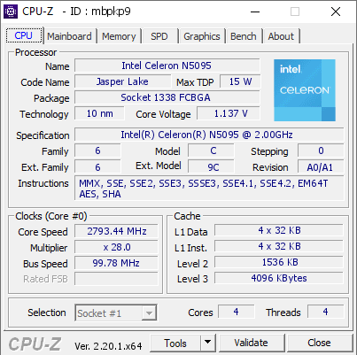 screenshot of CPU-Z validation for Dump [mbpkp9] - Submitted by  DESKTOP-U5NV4T9  - 2026-08-15 14:12:24