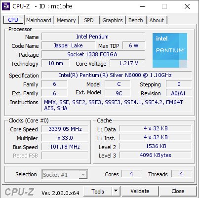 screenshot of CPU-Z validation for Dump [mc1phe] - Submitted by  UNIPC  - 2022-09-29 14:45:23