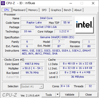 screenshot of CPU-Z validation for Dump [mf9ues] - Submitted by  Anonymous  - 2026-08-19 21:42:37
