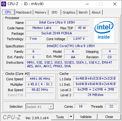 screenshot of CPU-Z validation for Dump [mfvy60] - Submitted by  AATIRS-G16  - 2024-05-09 16:01:24