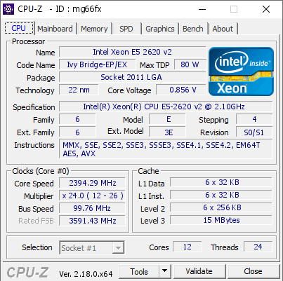 screenshot of CPU-Z validation for Dump [mg66fx] - Submitted by  Workstation HP z820  - 2026-03-16 19:07:41