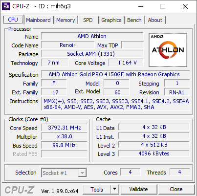 screenshot of CPU-Z validation for Dump [mih6g3] - Submitted by  DESKTOP-63ONBN7  - 2022-02-09 09:19:30