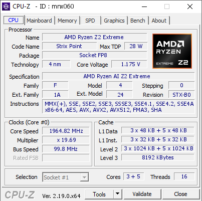AMD Ryzen Z2 Extreme @ 1964.82 MHz - CPU-Z VALIDATOR