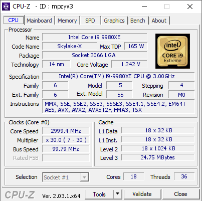 screenshot of CPU-Z validation for Dump [mpzyv3] - Submitted by  ASRock X299E-ITX/ac  - 2022-12-11 23:09:55