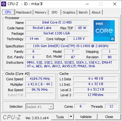 Intel Core i5 11400 @ 4189.75 MHz - CPU-Z VALIDATOR