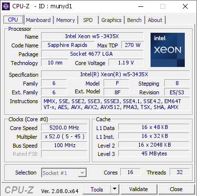 screenshot of CPU-Z validation for Dump [munyd1] - Submitted by  Anonymous  - 2023-10-25 12:37:46