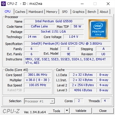 Intel Pentium Gold G5500 @ 3801.86 MHz - CPU-Z VALIDATOR