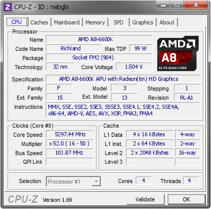 screenshot of CPU-Z validation for Dump [nebgls] - Submitted by  DAVEBURT-BENCH  - 2014-05-10 09:05:21