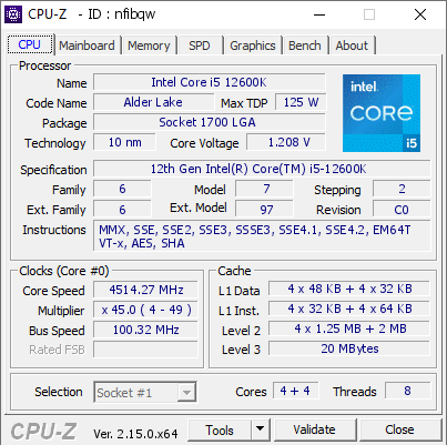 screenshot of CPU-Z validation for Dump [nfibqw] - Submitted by  Anonymous  - 2026-10-11 04:09:14