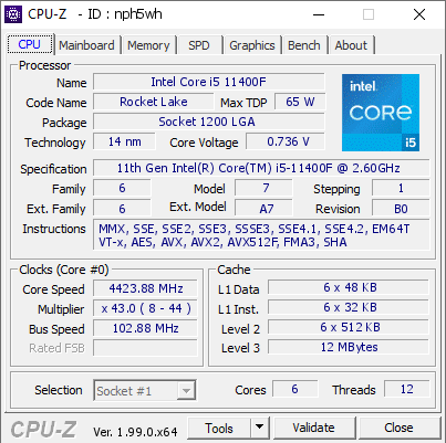 screenshot of CPU-Z validation for Dump [nph5wh] - Submitted by  Bone Crunsher  - 2022-02-21 12:47:51