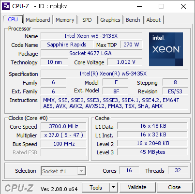 screenshot of CPU-Z validation for Dump [npkjkv] - Submitted by  Anonymous  - 2024-01-03 20:44:46