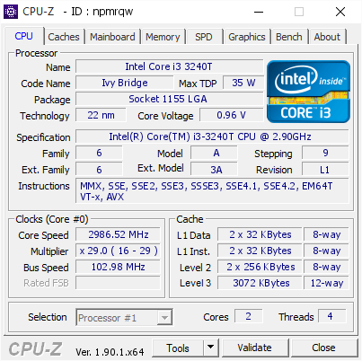 screenshot of CPU-Z validation for Dump [npmrqw] - Submitted by  DESKTOP-9QB3R73  - 2019-11-21 16:09:17