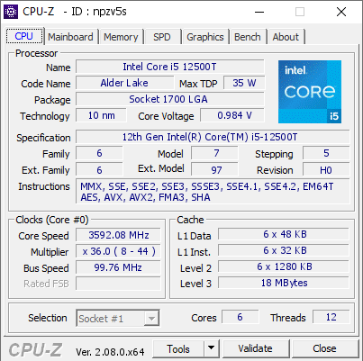 screenshot of CPU-Z validation for Dump [npzv5s] - Submitted by  THINKCENTRE  - 2024-01-05 20:51:59