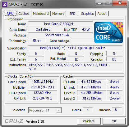 Intel Core I7 820qm 3051 13 Mhz Cpu Z Validator