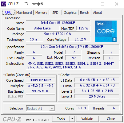 Intel Core i5 12600KF @ 4489.02 MHz - CPU-Z VALIDATOR