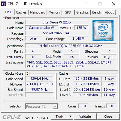 screenshot of CPU-Z validation for Dump [nwdzls] - Submitted by  Anonymous  - 2020-10-19 12:12:21