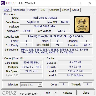 screenshot of CPU-Z validation for Dump [nxw0y8] - Submitted by  tw 7980xe ex oc  - 2026-08-11 11:02:12