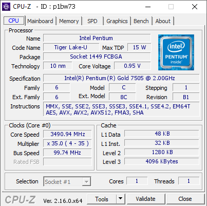 screenshot of CPU-Z validation for Dump [p1bw73] - Submitted by  DESKTOP-CSQEL31  - 2026-05-03 16:13:09