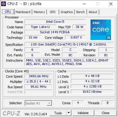 screenshot of CPU-Z validation for Dump [p1cr8a] - Submitted by  Anonymous  - 2026-08-24 06:20:56