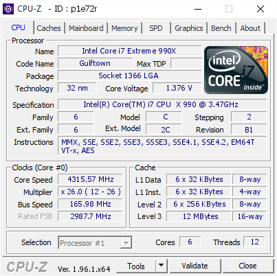 Intel Core i7 Extreme 990X @ 4315.57 MHz - CPU-Z VALIDATOR